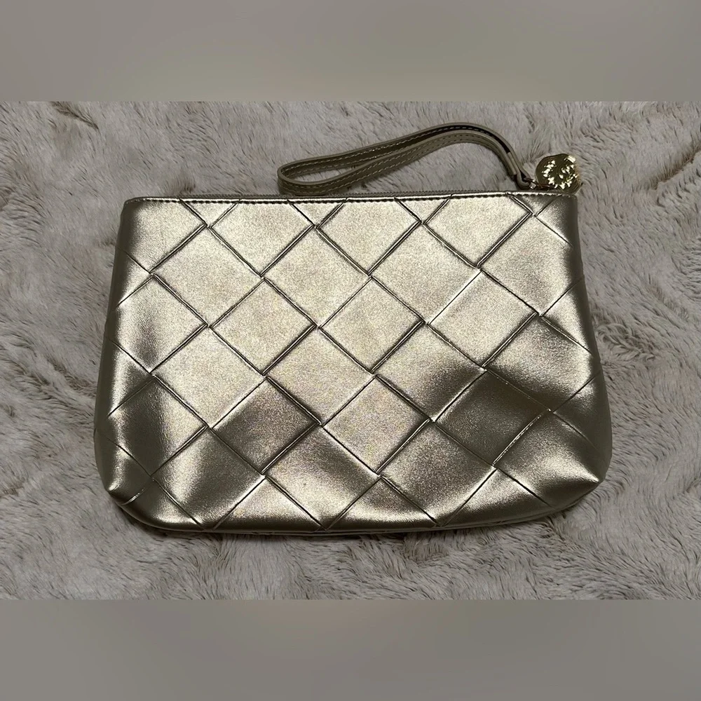 SHISEIDO Makeup Bag Goldtone Faux Leather Cosmetic Toiletry Pouch
